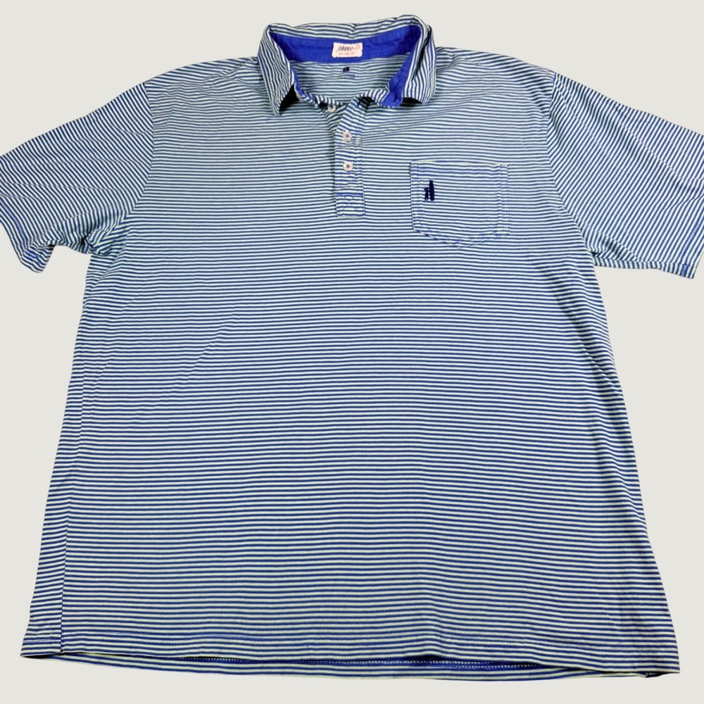Johnnie-O Polo Shirt Large Blue Mint Green Striped Cotton Short Sleeve Pocket